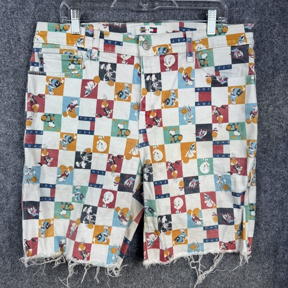 Tommy Hilfiger X Space Jam Checkerboard Distressed Denim Shorts Men's 36 - Picture 1 of 15